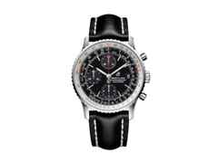 Breitling Navitimer 1 Chronograph 41 Edelstahl schwarzes Zifferblatt schwarzes Lederband – Herrenuhren Chronograph aus Edelstahl. Das Gehäuse ist rund und silber. Das Lederarmband ist schwarz. Das Zifferblatt ist ein Index in schwarz.