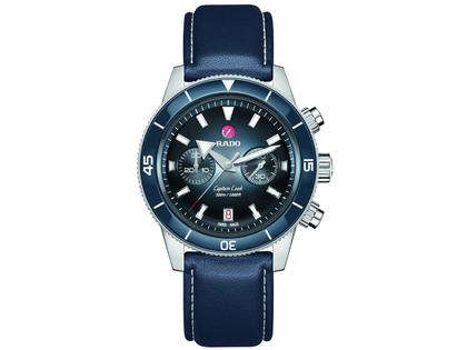 Rado Captain Cook Chronograph Automatik Edelstahl blau Metallband – Herrenuhren Chronograph aus Edelstahl, Keramik und Leder. Das Gehäuse ist rund und silber. Das Edelstahlarmband ist silber. Das Zifferblatt ist ein Index in blau. – Ansicht 3