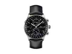 Sinn Spezialuhren 6052 Frankfurter Finanzplatzuhr Automatik Edelstahl 41,5mm schwarzes Zifferblatt schwarzes Lederband – Herrenuhren Chronograph aus Edelstahl. Das Gehäuse ist rund und silber. Das Lederarmband ist schwarz. Das Zifferblatt ist arabisch und schwarz.