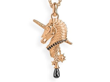 Drachenfels Design Sternenglanz und Schattentanz Anhänger Einhorn Dark groß Onyx rotgoldplattiert – Anhänger Anhänger mit Besatz aus 925 Silber.