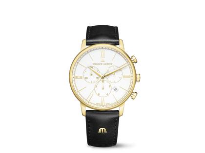 Herrenuhren Chronograph aus Edelstahl und PVD beschichtet. Das Gehäuse ist rund und gelbgold. Das Lederarmband ist schwarz. Das Zifferblatt ist römisch Index und weiß.