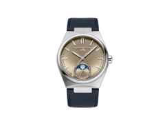 Frederique Constant Highlife Moonphase Date Manufacture Automatik Edelstahl 39mm beiges Zifferblatt Metallband und blaues Lederband – Herrenuhren Uhr mit Datum aus Edelstahl und Leder. Das Gehäuse ist rund und silber. Das Edelstahlarmband ist silber. Das Zifferblatt ist ein Index in beige. – Ansicht 4