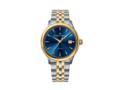 Maurice Lacroix 1975 Automatik Edelstahl 40mm blaues Zifferblatt zweifarbiges Metallband – Herrenuhren Uhr mit Datum aus Edelstahl und PVD beschichtet. Das Gehäuse ist rund und silber. Das Edelstahlarmband ist silber-gelbgold. Das Zifferblatt ist ein Index in blau.