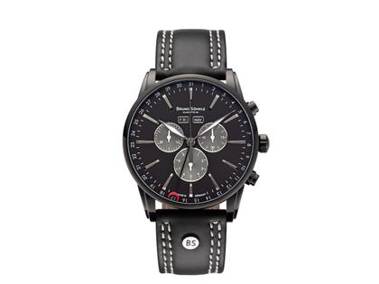 Bruno Söhnle Glashütte Atrium Limited Edition Chronograph Quarz Edelstahl 42,5mm schwarzes Zifferblatt schwarzes Lederband – Herrenuhren Chronograph aus Edelstahl und IP beschichtet. Das Gehäuse ist rund und schwarz. Das Lederarmband ist schwarz. Das Zifferblatt ist arabisch Index und schwarz.