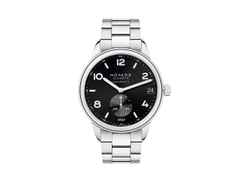 Nomos Glashütte Club Sport neomatik 42 Datum Automatik Edelstahl 42mm schwarzes Zifferblatt Metallband – Herrenuhren Uhr mit Datum aus Edelstahl. Das Gehäuse ist rund und silber. Das Edelstahlarmband ist silber. Das Zifferblatt ist arabisch Index und schwarz.