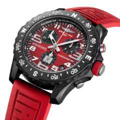Breitling Endurance Pro 44 Ironman Chronograph Quarz Breitlight schwarzes Zifferblatt rotes Kautschukband – Herrenuhren Chronograph aus Sonstiges. Das Gehäuse ist rund und schwarz. Das Kautschuk / Kunststoff / Silikon Armband ist rot. Das Zifferblatt ist arabisch und schwarz. – Ansicht 2