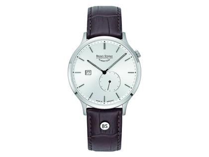 Bruno Söhnle Glashütte Brunello II Quarz Edelstahl silbernes Zifferblatt braunes Lederband – Herrenuhren Uhr mit Datum aus Edelstahl. Das Gehäuse ist rund und silber. Das Lederarmband ist braun. Das Zifferblatt ist arabisch Index und silber.