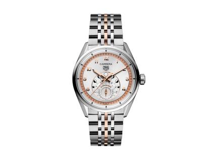 TAG Heuer Carrera Astronomer Automatik Edelstahl 39mm silbernes Zifferblatt Metallband – Herrenuhren Uhr mit Datum aus 750 Rotgold und Edelstahl. Das Gehäuse ist rund und silber. Das Edelstahlarmband ist silber-roségold. Das Zifferblatt ist arabisch Index und silber.