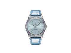 Breitling Chronomat Automatic 36 South Sea Edelstahl blaues Zifferblatt mit Brillanten und bunten Saphiren blaues Lederband – Damenuhren Uhr mit Datum aus 750 Weißgold, Edelstahl und Leder. Das Gehäuse ist rund und silber. Das Lederarmband Kroko / Alligator ist blau. Das Zifferblatt ist ein Index in blau.