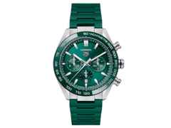 TAG Heuer Carrera Chronograph Automatik Edelstahl 44mm grünes Zifferblatt grünes Kautschukband – Herrenuhren Chronograph aus Edelstahl und Keramik. Das Gehäuse ist rund und silber. Das Kautschuk / Kunststoff / Silikon Armband ist grün. Das Zifferblatt ist ein Index in grün.