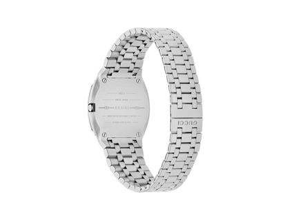Gucci 25H Quarz Edelstahl 30mm silbernes Zifferblatt Metallband YA163501 – Damenuhren Uhr ohne Datum aus Edelstahl. Das Gehäuse ist rund und silber. Das Edelstahlarmband ist silber. Das Zifferblatt ist ohne Zeichen und silber. – Ansicht 2