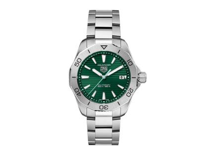 TAG Heuer Aquaracer Professional 200 Solargraph Quarz Edelstahl 40mm grünes Zifferblatt Metallband – Herrenuhren Uhr mit Datum aus Edelstahl. Das Gehäuse ist rund und silber. Das Edelstahlarmband ist silber. Das Zifferblatt ist ein Index in grün.