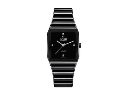 Damenuhren Uhr mit Datum aus Edelstahl und Keramik. Das Gehäuse ist rechteckig und schwarz. Das Keramikarmband ist schwarz. Das Zifferblatt ist ein Index in schwarz.