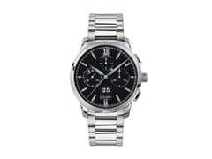 Glashütte Original Senator Chronograph Panoramadatum Automatik Edelstahl 42mm schwarzes Zifferblatt Metallband – Herrenuhren Chronograph aus Edelstahl. Das Gehäuse ist rund und silber. Das Edelstahlarmband ist silber. Das Zifferblatt ist römisch Index und schwarz.