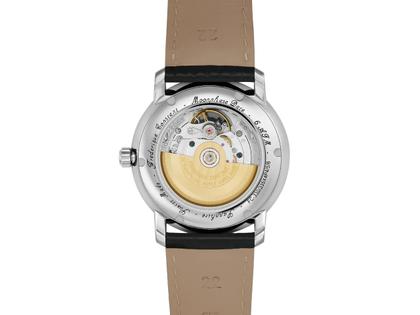 Frederique Constant Classics Heart Beat Moonphase Date Automatik Edelstahl 40mm silbernes Zifferblatt schwarzes Lederband – Herrenuhren Uhr ohne Datum aus Edelstahl. Das Gehäuse ist rund und silber. Das Lederarmband ist schwarz. Das Zifferblatt ist römisch und silber. – Ansicht 2