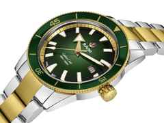Rado Captain Cook Automatik Edelstahl 42mm gelbgold beschichtet grün Edelstahlband bicolor – Herrenuhren Uhr mit Datum aus Edelstahl und PVD beschichtet. Das Gehäuse ist rund und silber-gelbgold. Das Edelstahlarmband ist silber-gelbgold. Das Zifferblatt ist ein Index in grün. – Ansicht 2