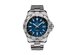 Breitling Avenger GMT 44 Automatik Edelstahl blaues Zifferblatt Metallband – Herrenuhren Uhr mit Datum aus Edelstahl. Das Gehäuse ist rund und silber. Das Edelstahlarmband ist silber. Das Zifferblatt ist ein Index in blau.