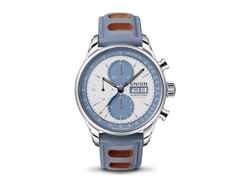 Union Glashütte Viro Chronograph Silvretta Classic 2021 Limited Edition Automatik Edelstahl 44mm weiß-blaues Zifferblatt blaues Lederband – Herrenuhren Chronograph aus Edelstahl. Das Gehäuse ist rund und silber. Das Lederarmband ist blau. Das Zifferblatt ist ein Index in blau.
