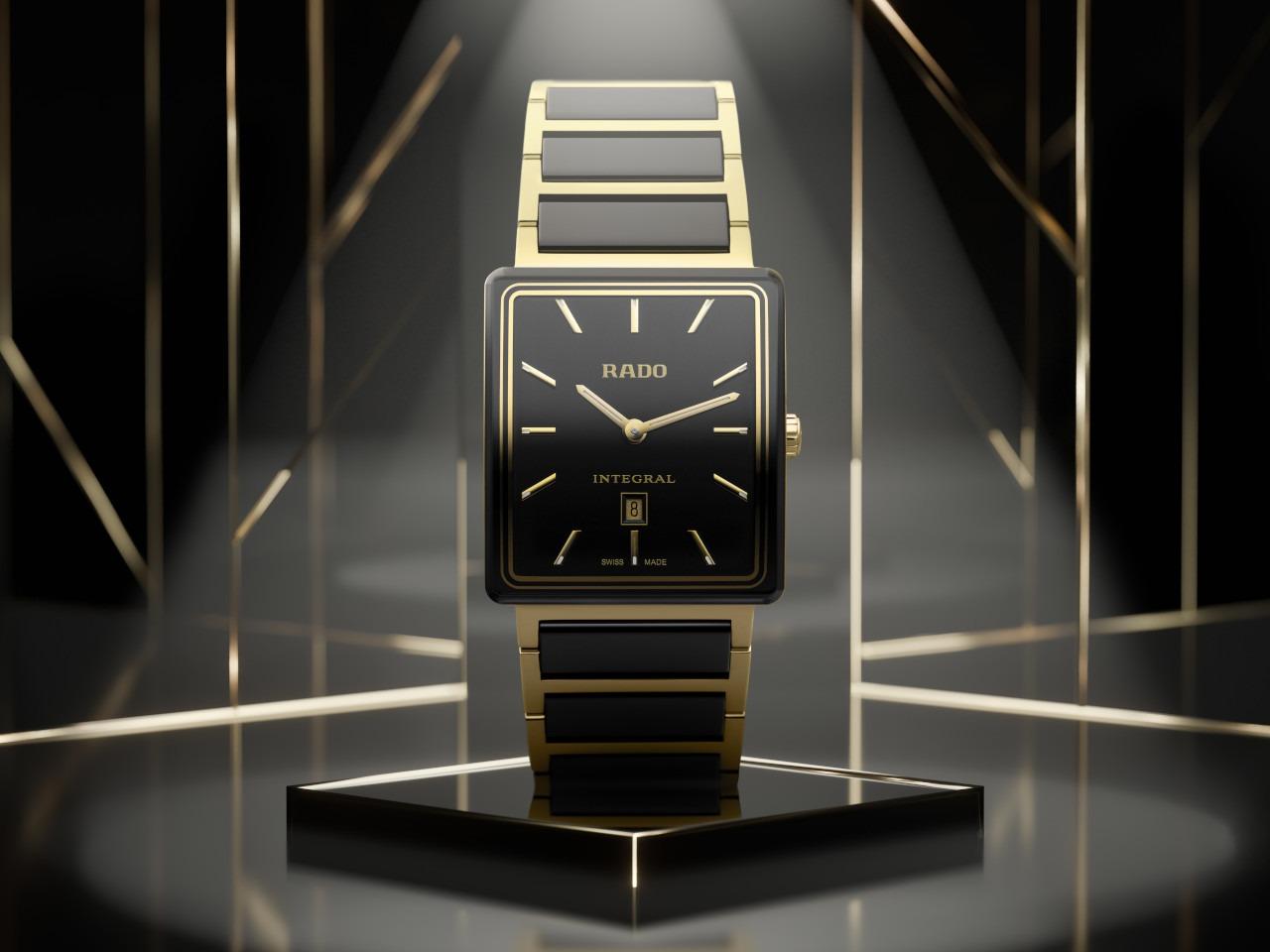 Rado Integral 40-Year Anniversary Quarz Edelstahl Gelbgold-PVD 28,0 x 39,8mm schwarzes Zifferblatt Metallband – Damenuhren Uhr mit Datum aus Edelstahl, Keramik und PVD beschichtet. Das Gehäuse ist rechteckig und gelbgold. Das Edelstahlarmband ist schwarz. Das Zifferblatt ist ein Index in schwarz. – Ansicht 4