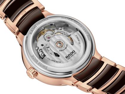 Rado Centrix Diamonds Automatik Open Heart Edelstahl Roségold-PVD 35mm braunes Zifferblatt mit Brillanten Metallband – Damenuhren Uhr ohne Datum aus Edelstahl, Keramik und PVD beschichtet. Das Gehäuse ist rund und roségold. Das Keramikarmband ist braun. Das Zifferblatt ist ein Index in braun. – Ansicht 4
