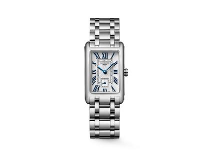 Longines DolceVita Quarz Edelstahl 23x37mm silbernes Zifferblatt Metallband – Damenuhren Uhr ohne Datum aus Edelstahl. Das Gehäuse ist rechteckig und silber. Das Edelstahlarmband ist silber. Das Zifferblatt ist römisch und silber.