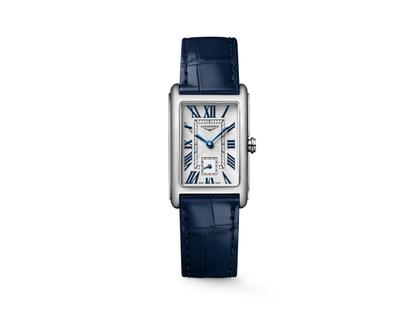 Longines DolceVita Quarz Edelstahl 23x37mm silbernes Zifferblatt blaues Lederband – Damenuhren Uhr ohne Datum aus Edelstahl und Leder. Das Gehäuse ist rechteckig und silber. Das Lederarmband ist blau. Das Zifferblatt ist römisch und silber.
