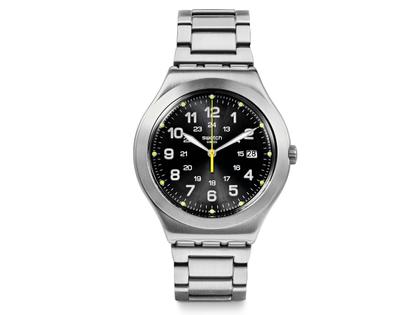 Swatch YWS439GC Happy Joe Lime Again – Herrenuhren Uhr mit Datum aus Edelstahl. Das Gehäuse ist rund und silber. Das Edelstahlarmband ist silber. Das Zifferblatt ist arabisch und schwarz.