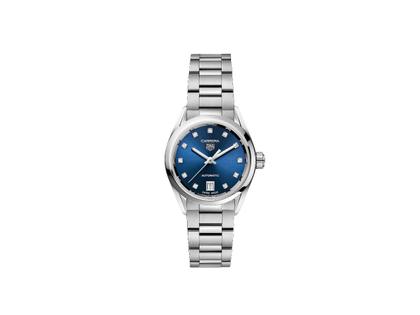 Damenuhren Uhr mit Datum aus Edelstahl. Das Gehäuse ist rund und silber. Das Edelstahlarmband ist silber. Das Zifferblatt ist ein Index in blau.