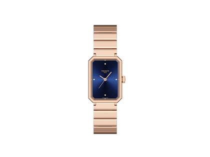 Tissot SRV Quarz Edelstahl Roségold-PVD 22x30mm blaues Zifferblatt Metallband – Damenuhren Uhr ohne Datum aus Edelstahl und PVD beschichtet. Das Gehäuse ist rechteckig und roségold. Das Edelstahlarmband ist roségold. Das Zifferblatt ist ein Index in blau.