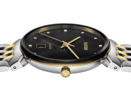 Rado Florence Classic Diamonds Quarz Edelstahl 38 mm schwarz Edelstahlband bicolor – Herrenuhren Uhr mit Datum aus Edelstahl und PVD beschichtet. Das Gehäuse ist rund und silber-gelbgold. Das Edelstahlarmband ist silber-gelbgold. Das Zifferblatt ist ein Index in schwarz. – Ansicht 3