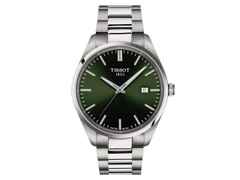 Tissot PR 100 Quarz Edelstahl 40mm grünes Zifferblatt Metallband – Herrenuhren Uhr mit Datum aus Edelstahl. Das Gehäuse ist rund und silber. Das Edelstahlarmband ist silber. Das Zifferblatt ist ein Index in grün.