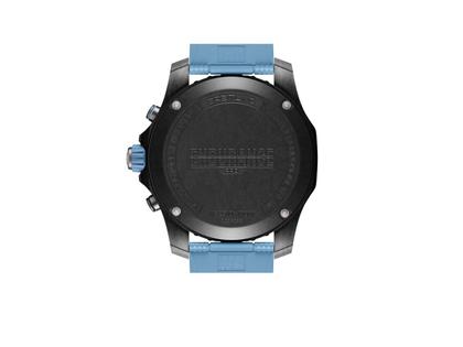Breitling Endurance Pro 44 Chronograph Quarz Breitlight schwarzes Zifferblatt blaues Kautschukband – Herrenuhren Chronograph aus Kautschuk und Sonstiges. Das Gehäuse ist rund und schwarz. Das Kautschuk / Kunststoff / Silikon Armband ist blau. Das Zifferblatt ist arabisch Index und schwarz. – Ansicht 2