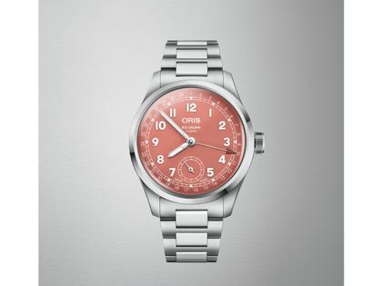 Oris Big Crown Pointer Date Calibre 403 Automatik Edelstahl 40mm rosa Zifferblatt Metallband – Herrenuhren Uhr mit Datum aus Edelstahl. Das Gehäuse ist rund und silber. Das Edelstahlarmband ist silber. Das Zifferblatt ist arabisch und rosa. – Ansicht 5