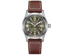 Hamilton Khaki Field Automatik Edelstahl 42mm grünes Zifferblatt braunes Lederband – Herrenuhren Uhr ohne Datum aus Edelstahl und Leder. Das Gehäuse ist rund und silber. Das Lederarmband ist braun. Das Zifferblatt ist arabisch und grün.