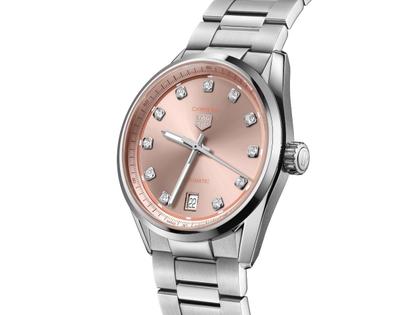 TAG Heuer Carrera Date Automatik Edelstahl 36mm lachsfarbenes Zifferblatt mit Brillanten Metallband – Damenuhren Uhr mit Datum aus Edelstahl. Das Gehäuse ist rund und silber. Das Edelstahlarmband ist silber. Das Zifferblatt ist ein Index in beige. – Ansicht 2