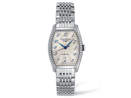 Longines Evidenza Damenuhr M beige arabisch guillochiert Diamanten Metallband – Damenuhren Uhr mit Datum aus Edelstahl. Das Armband ist ein Edelstahlarmband. Der Zifferblatt ist arabisch.