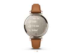 Garmin Lily 2 Smartwatch Aluminium eloxiert 35mm cremegoldfarbenes Display tanbraunes Lederband – Damenuhren Uhr Multifunktion aus eloxiertes Aluminium, Kunststoff und Polyamid. Das Gehäuse ist rund. Das Lederarmband ist braun. Der Zifferblatt ist digital. – Ansicht 2