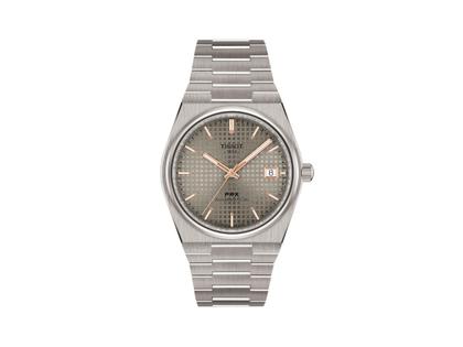 Tissot PRX Automatik Titan 38mm graues Zifferblatt Metallband – Herrenuhren Uhr mit Datum aus Titan. Das Gehäuse ist rund und grau. Das Titanarmband ist grau. Das Zifferblatt ist ein Index in grau.
