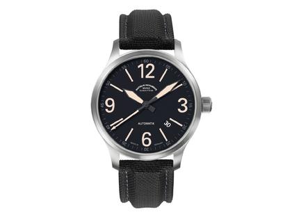 Mühle Glashütte Terranaut III Trail Herrenuhr mit Datum Textilband – Herrenuhren Uhr mit Datum aus Edelstahl. Das Gehäuse ist rund und silber. Das Textilarmband ist schwarz. Das Zifferblatt ist arabisch und schwarz.