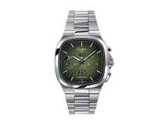 Glashütte Original Seventies Chronograph Panoramadatum Automatik Edelstahl 40mm Fab Green Metallband – Herrenuhren Chronograph aus Edelstahl. Das Gehäuse ist quadratisch und silber. Das Edelstahlarmband ist silber. Das Zifferblatt ist ein Index in grün.