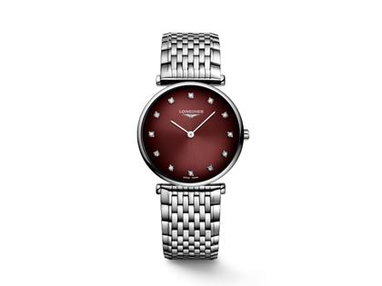 Longines La Grande Classique De Longines 29mm Zifferblatt rot – Damenuhren Uhr ohne Datum aus Edelstahl. Das Gehäuse ist rund und silber. Das Edelstahlarmband ist silber. Das Zifferblatt ist ein Index in rot.