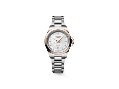 Longines Conquest Automatik Edelstahl und Roségold 30mm silbernes Zifferblatt mit Brillanten Metallband – Damenuhren Uhr mit Datum aus 750 Rotgold und Edelstahl. Das Gehäuse ist rund und silber-roségold. Das Edelstahlarmband ist silber. Das Zifferblatt ist ein Index in silber.