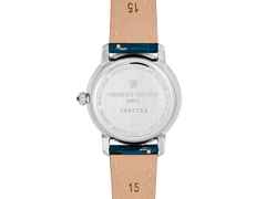 Frederique Constant Slimline Ladies Moonphase Quarz Edelstahl 30mm Perlmutt-Zifferblatt blaues Lederband – Damenuhren Uhr ohne Datum aus Edelstahl und Leder. Das Gehäuse ist rund und silber. Das Lederarmband ist blau. Das Zifferblatt ist ein Index in blau. – Ansicht 2