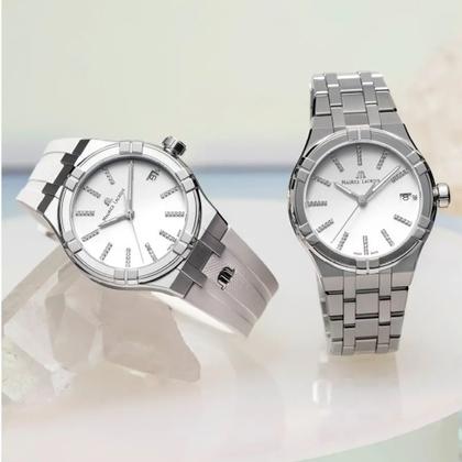 Maurice Lacroix Aikon Quartz Edelstahl 35mm weißes Zifferblatt Metallband – Damenuhren Uhr mit Datum aus Edelstahl. Das Gehäuse ist rund und silber. Das Edelstahlarmband ist silber. Das Zifferblatt ist ein Index in weiß. – Ansicht 2