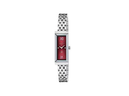 Gucci G-Frame Quarz Edelstahl 14x34mm rotes Zifferblatt Metallband YA127518 – Damenuhren Uhr ohne Datum aus Edelstahl. Das Gehäuse ist quadratisch und silber. Das Edelstahlarmband ist silber. Das Zifferblatt ist ein Index in rot.