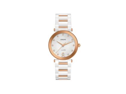 Rado LaCoupole Diamonds Quarz Edelstahl 31mm weißes Zifferblatt mit Brillanten Keramikband – Damenuhren Uhr mit Datum aus Edelstahl und Keramik. Das Gehäuse ist rund und weiß. Das Edelstahlarmband ist weiß. Das Zifferblatt ist ein Index in weiß.