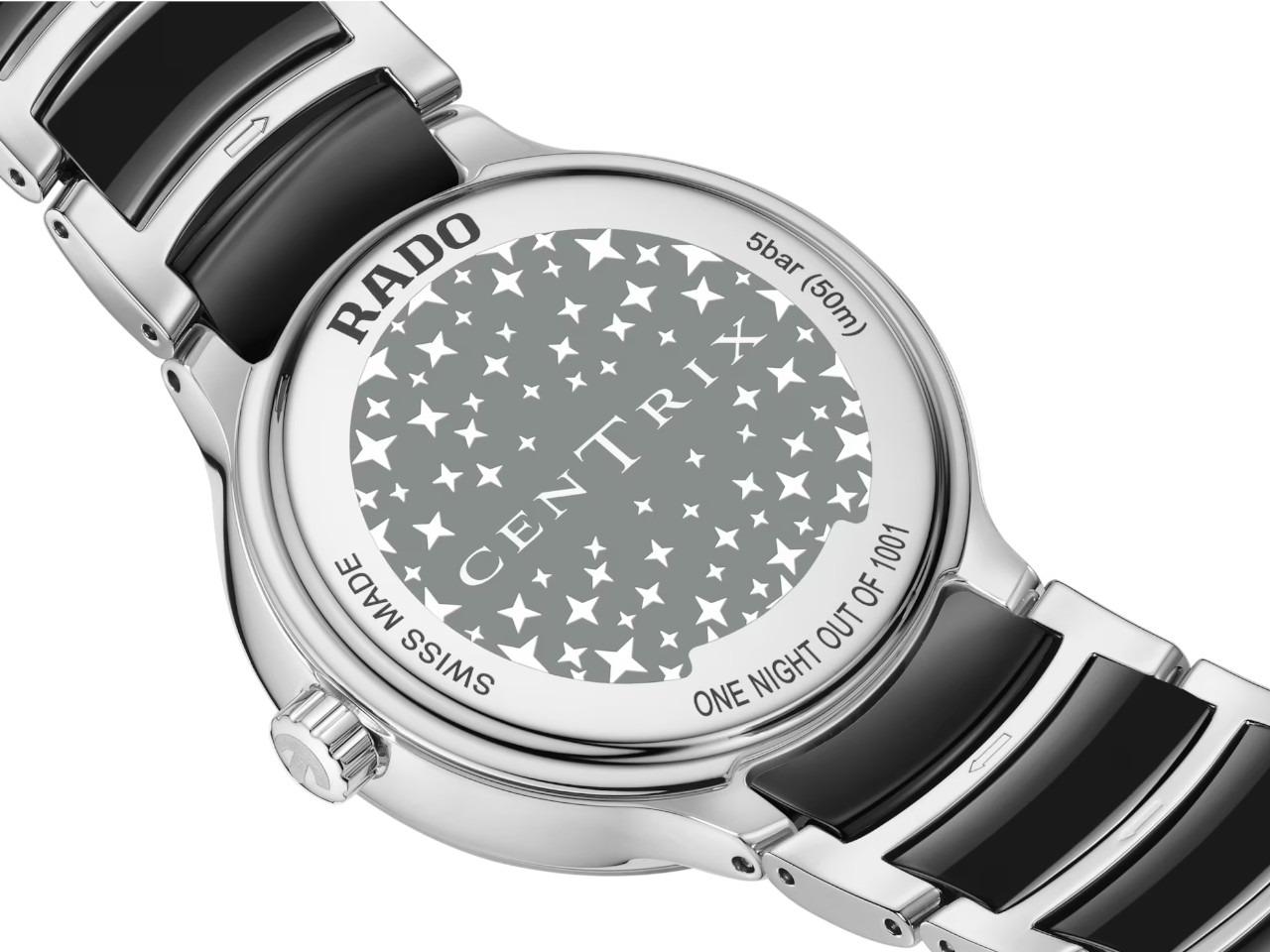 Rado Centrix Diamonds Quarz Edelstahl 35mm schwarzes Zifferblatt mit Brillanten Metallband limitiert – Damenuhren Uhr mit Datum aus Edelstahl und Keramik. Das Gehäuse ist rund und silber. Das Edelstahlarmband ist silber. Das Zifferblatt ist ohne Zeichen und schwarz. – Ansicht 4