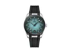 Omega Seamaster Aqua Terra 150M Automatik Edelstahl 38mm türkisfarbenes Zifferblatt schwarzes Kautschukband – Herrenuhren Uhr mit Datum aus Edelstahl, Kautschuk und Keramik. Das Gehäuse ist rund und silber. Das Kautschuk / Kunststoff / Silikon Armband ist schwarz. Das Zifferblatt ist ein Index in türkis.