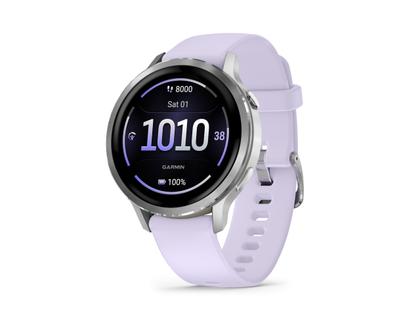 Garmin Venu 4 Quarz Edelstahl und Polymer 41mm digitales Zifferblatt violettes Silikonband – Herrenuhren Uhr Multifunktion aus Edelstahl und Faserverstärktes Polymer. Das Gehäuse ist rund und silber. Das Kautschuk / Kunststoff / Silikon Armband ist lila. Das Zifferblatt ist digital und schwarz. – Ansicht 2