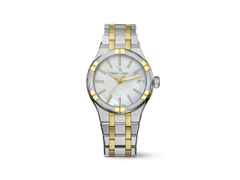 Maurice Lacroix Aikon Quartz Duotone Edelstahl 35mm weißes Zifferblatt zweifarbiges Metallband – Damenuhren Uhr mit Datum aus Edelstahl, PVD beschichtet und vergoldet. Das Gehäuse ist rund und silber-roségold. Das vergoldetes Edelstahlarmband ist silber-gelbgold. Das Zifferblatt ist ein Index in weiß.